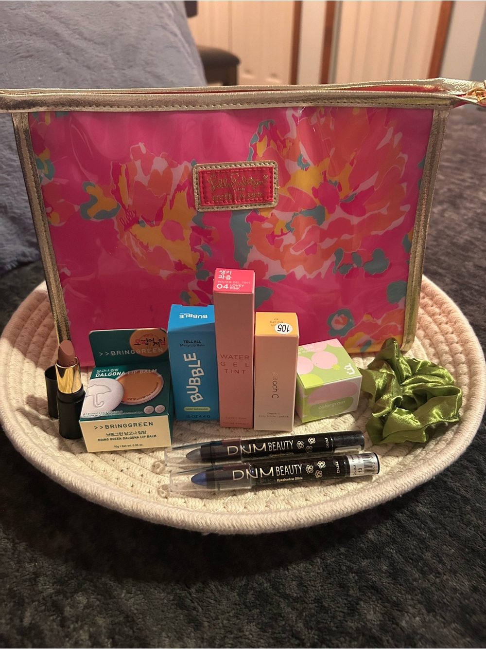 Estee Lauder Pink Floral Cosmetic Bag with Assorted Lipsticks & Tints